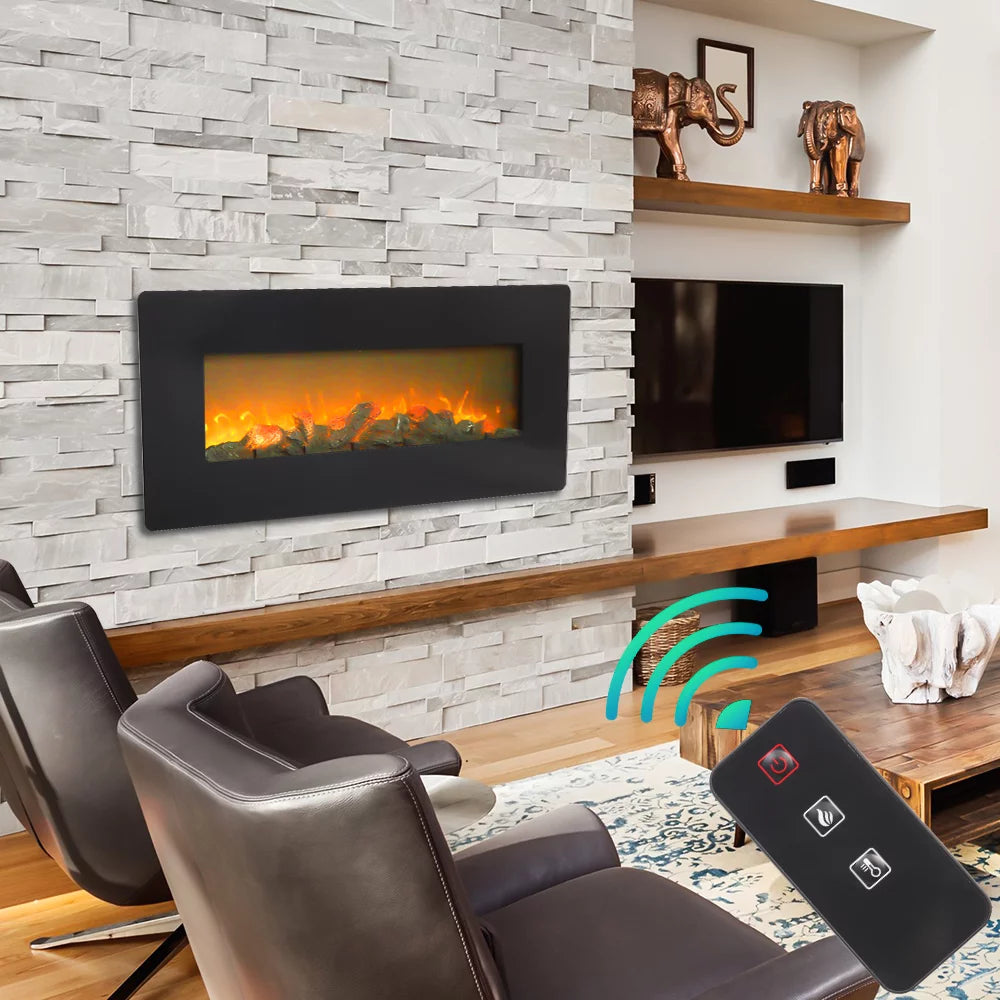 PureBreathe Fireplace Heaters Indoor Electric Room Heater with Remote, Wall Hanging Space Heater 3D 1400W Electric Fireplace Heater with Realistic Fake Wood 3 Flame Settings, 42"x4.2"x17", CSA Certified, Q6657