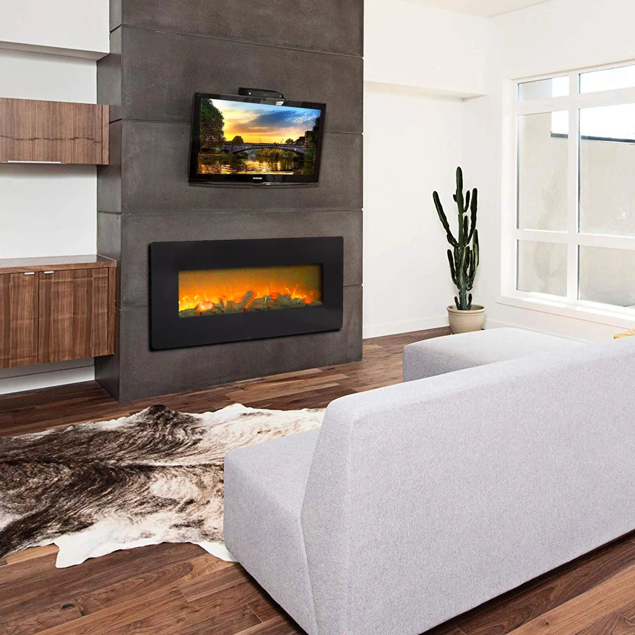 PureBreathe Fireplace Heaters Indoor Electric Room Heater with Remote, Wall Hanging Space Heater 3D 1400W Electric Fireplace Heater with Realistic Fake Wood 3 Flame Settings, 42"x4.2"x17", CSA Certified, Q6657