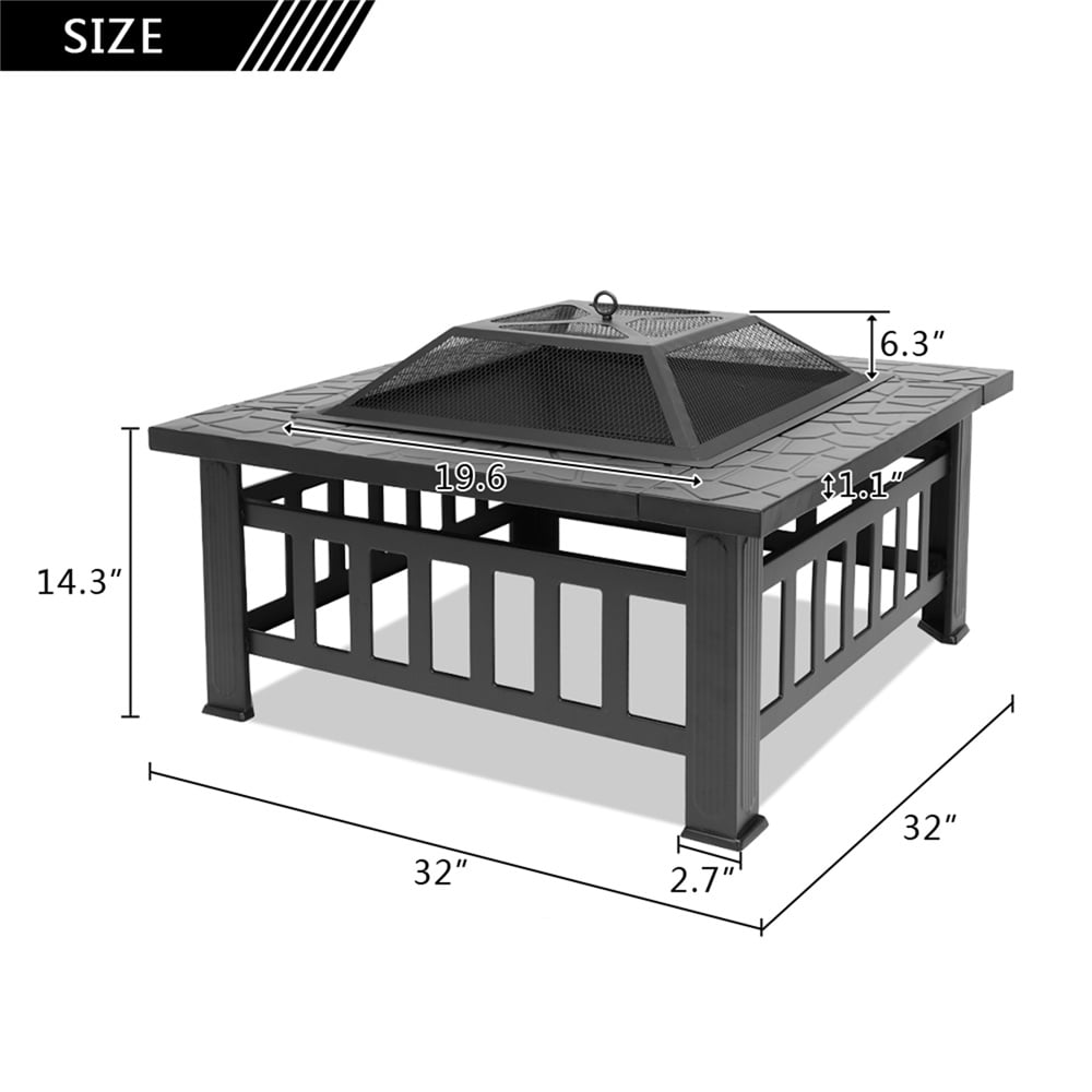 PureBreathe Fire Pit for Outside, 32" Outdoor Square Metal Fire Pit, Wood Burning BBQ Grill Fire Pit Bowl with Spark Screen, Poker, Backyard Patio Garden Bonfire Fire Pit for Camping, Heating, Picnic, L6193