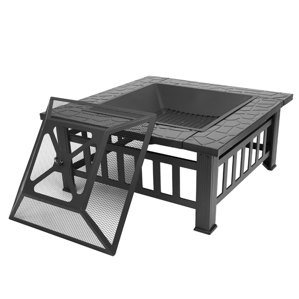 PureBreathe Fire Pit for Outside, 32" Outdoor Square Metal Fire Pit, Wood Burning BBQ Grill Fire Pit Bowl with Spark Screen, Poker, Backyard Patio Garden Bonfire Fire Pit for Camping, Heating, Picnic, L6193