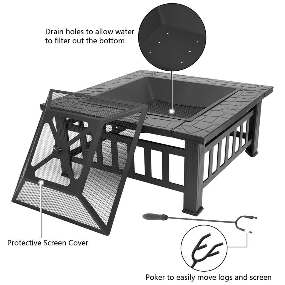 PureBreathe Fire Pit for Outside, 32" Outdoor Square Metal Fire Pit, Wood Burning BBQ Grill Fire Pit Bowl with Spark Screen, Poker, Backyard Patio Garden Bonfire Fire Pit for Camping, Heating, Picnic, L6193