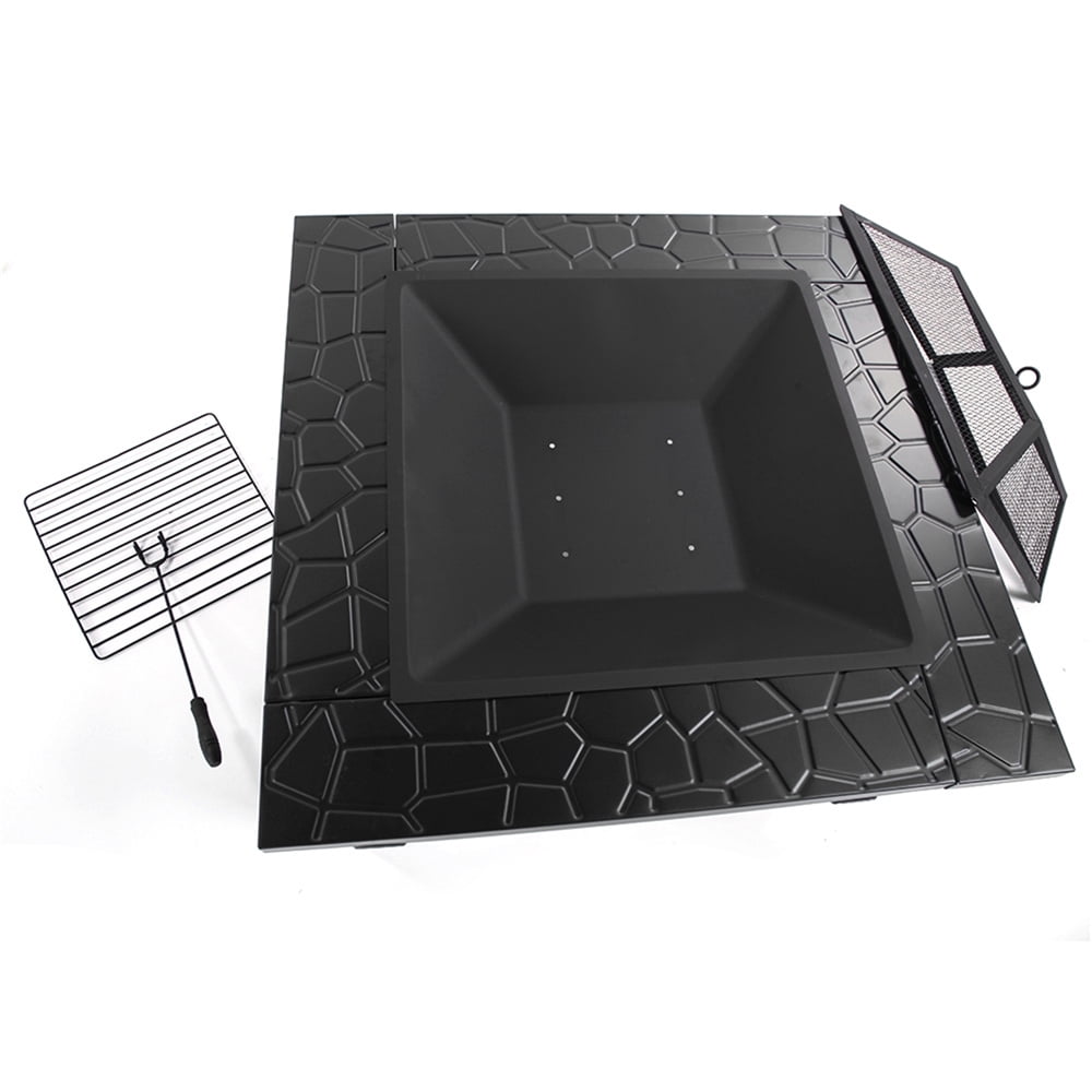 PureBreathe Fire Pit for Outside, 32" Outdoor Square Metal Fire Pit, Wood Burning BBQ Grill Fire Pit Bowl with Spark Screen, Poker, Backyard Patio Garden Bonfire Fire Pit for Camping, Heating, Picnic, L6193