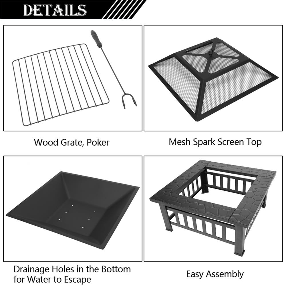 PureBreathe Fire Pit for Outside, 32" Outdoor Square Metal Fire Pit, Wood Burning BBQ Grill Fire Pit Bowl with Spark Screen, Poker, Backyard Patio Garden Bonfire Fire Pit for Camping, Heating, Picnic, L6193