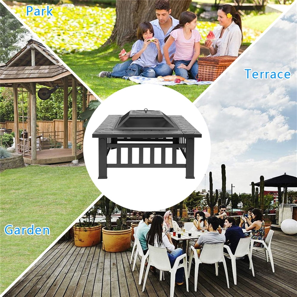 PureBreathe Fire Pit for Outside, 32" Outdoor Square Metal Fire Pit, Wood Burning BBQ Grill Fire Pit Bowl with Spark Screen, Poker, Backyard Patio Garden Bonfire Fire Pit for Camping, Heating, Picnic, L6193