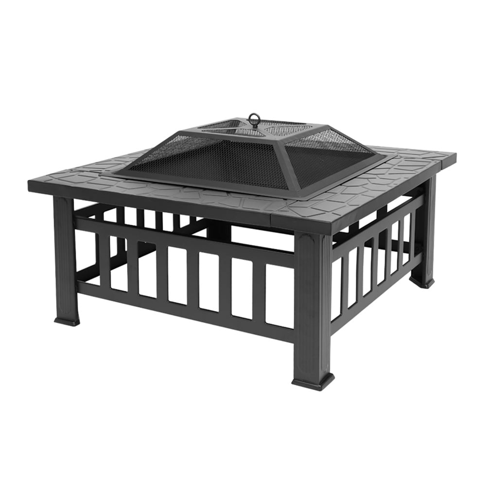 PureBreathe Fire Pit for Outside, 32" Outdoor Square Metal Fire Pit, Wood Burning BBQ Grill Fire Pit Bowl with Spark Screen, Poker, Backyard Patio Garden Bonfire Fire Pit for Camping, Heating, Picnic, L6193