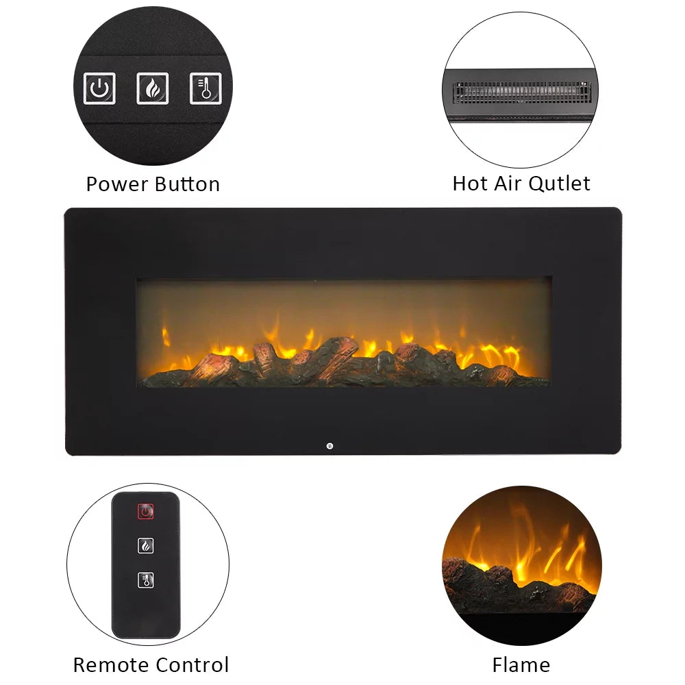 PureBreathe Fireplace Heaters Indoor Electric Room Heater with Remote, Wall Hanging Space Heater 3D 1400W Electric Fireplace Heater with Realistic Fake Wood 3 Flame Settings, 42"x4.2"x17", CSA Certified, Q6657