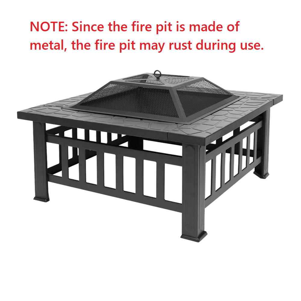 PureBreathe Fire Pit for Outside, 32" Outdoor Square Metal Fire Pit, Wood Burning BBQ Grill Fire Pit Bowl with Spark Screen, Poker, Backyard Patio Garden Bonfire Fire Pit for Camping, Heating, Picnic, L6193